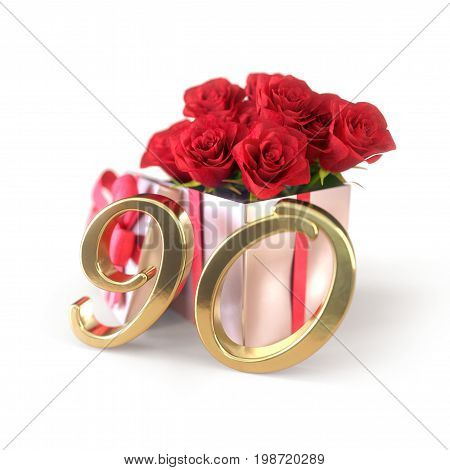 birthday concept with red roses in gift isolated on white background. 3D render - ninetieth birthday. 80th