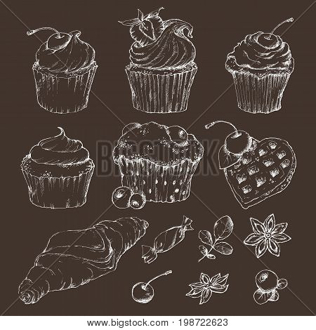 A set of croissants, cappucci with fruits and chocolate, berries, candies. Vector illustration. Hand drawing.