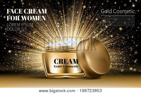 Realistic Gold Women Cream for Eye and Face Bottle Mockup on Dazzling Background. Gold bokeh. Contained in Glass Mock up. Excellent Advertising. Cosmetic Design Product. 3D Vector Illustration.
