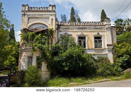 Old beautifull abandoned mansion overgrown by plants and trees. Sukhum, Abkhazia
