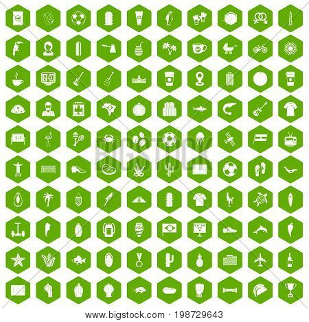 100 South America icons set in green hexagon isolated vector illustration