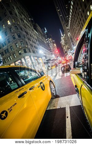 Wide View From The Backseat Of A Yellow Cab In Nyc, Manhattan.