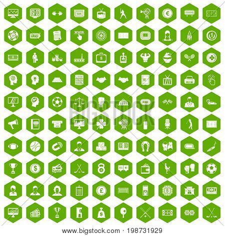 100 totalizator icons set in green hexagon isolated vector illustration