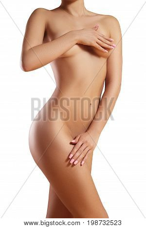 Beatiful body shapes. Slim waist flat belly soft clean skin. Perfect female body on white background. Sexy curves sport form. Healthcare