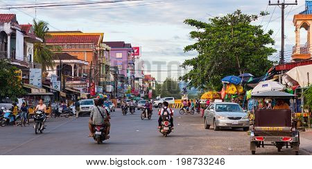 Koh Kong, Cambodia - January 3, 2017: One of central streets of Koh Kong. It is also known as Khemarak Phoumin
