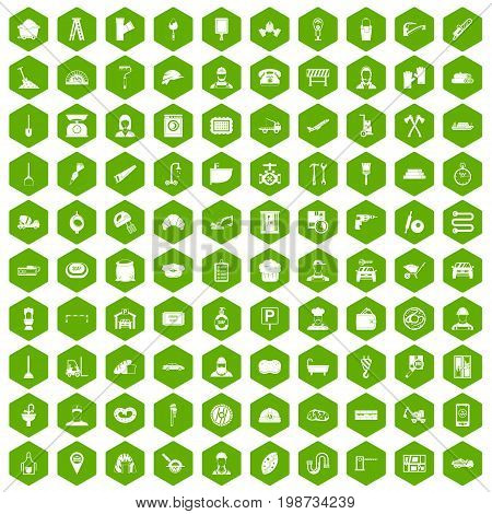 100 working professions icons set in green hexagon isolated vector illustration