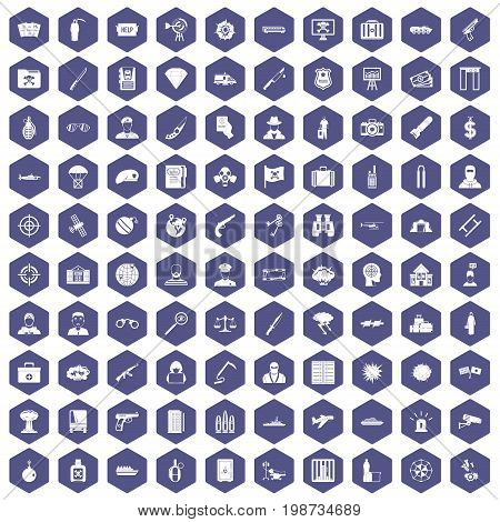 100 antiterrorism icons set in purple hexagon isolated vector illustration
