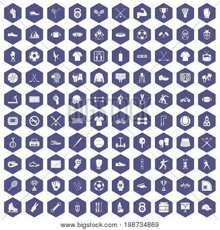 100 athlete icons set in purple hexagon isolated vector illustration