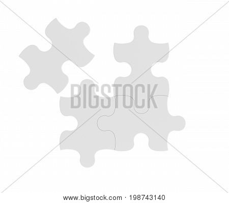 3d rendering of four white puzzle pieces isolated on white background. Games and toys. Thinking and guesswork. Problems and solutions.