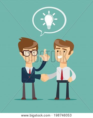 Cartoon big idea character shaking hand with a man. Stock vector illustration for poster, greeting card, website, ad, business presentation, advertisement design.