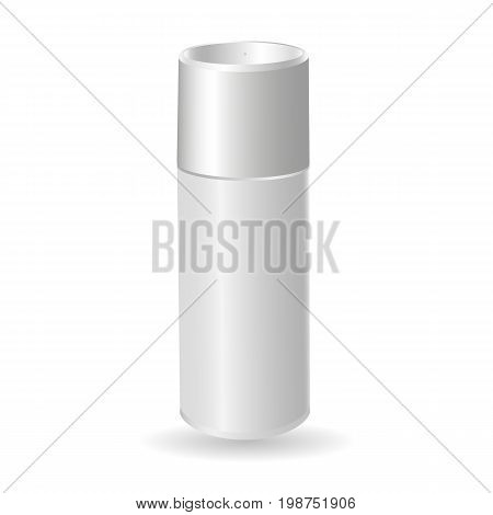Vector mock-up of empty and clean white glossy metal spray bottle with cap. Template 3d plastic container for branding advertising. Blank package isolated on transparent background.