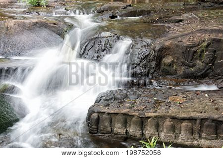 Kbal Spean the mystery waterfall on Kulen mountains range of the ancient Khmer empire in Siem Reap province of Cambodia