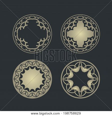 Set vector design element. Templates icon, symbol, emblem, monogram, frame. Linear trend style. Illustration gold pattern on black background. Concept of unusual abstract luxury logo.eps8,eps10