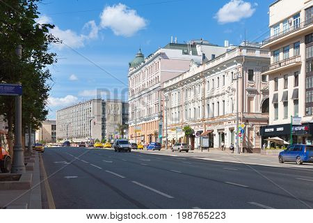 MOSCOW - AUGUST 7: Yeliseyevsky store Logunov apartment house and Izvestia newspaper building (from right to left) on Tverskaya Street on August 7 2017 in Moscow. Tverskaya Street is located in the center of Moscow.