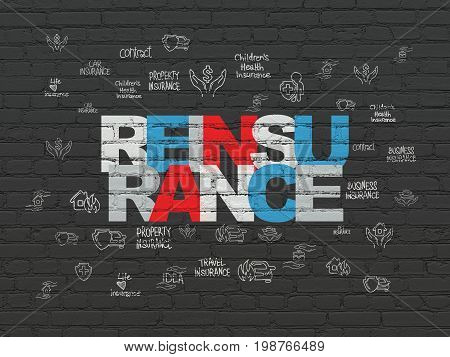 Insurance concept: Painted multicolor text Reinsurance on Black Brick wall background with  Hand Drawn Insurance Icons