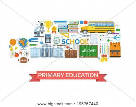 Primary education concept illustration for banner or hero image. Back to school icons. Studying and learning elements collection stylized in school-bus shape. , Stationery, equipment and appliances.