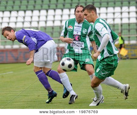 KAPOSVÁR, Maďarsko - 17. října: Rajczi (L), Zahorecz (C) a Gruz v akci na maďarský národní 