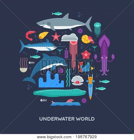 Sea animals and fishes concept background stylized in circle. Ocean and marine creatures and other aquatic life collection. Concept card or hero image with underwater inhabitants. Vector illustration.