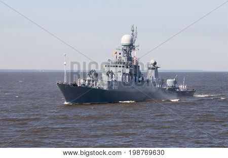 St. Petersburg REGION RUSSIA - 23 July 2017. Russian navy warship Kazanets. Sailors and officers are dressed in a white uniform