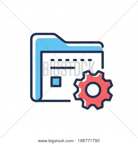 Data Management - modern vector single line design icon. An image depicting folder for different documents and information, gear on a white background. Red and blue colors.