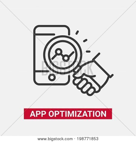 App Optimization - modern vector single line design icon. Black and white image with a mobile device, tablet, phone, hand holding a mangifying glass. Smart phone application service presentation