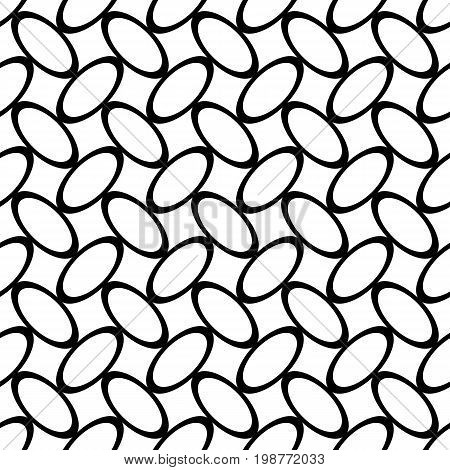 Black and white abstract seamless geometric ellipse grid pattern - monochrome vector background graphic design from diagonal curved oval ring shapes