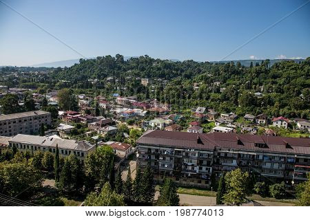 Day aerial cityscape of Sukhum downtown, Abkhazia in summer