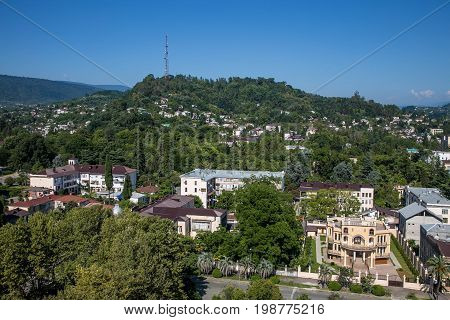 Day aerial cityscape of Sukhum downtown, Abkhazia in summer