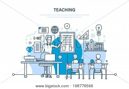 Corporate training, education for colleage and partners, distance learning, system of knowledge, skills. Teaching on lesson in classroom. Courses, conference, presentation. Illustration thin line design of vector doodles.