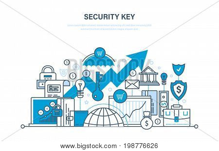 Security key concept. Security of payment, database, network, personal data protection, preservation and confidentiality, deposits, payments. Illustration thin line design of vector doodles.