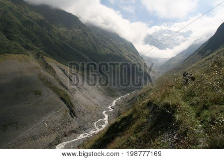 Views Karmadonskoye gorge trail and descended the glacier and mudflows. Of North Ossetia. Caucasus Russia
