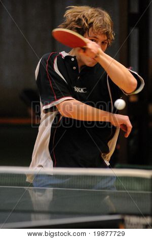 KAPOSVAR, Hongarije - 21 NOVEMBER: Aron Szakaly in actie op Hongaarse National Championship tabel tien
