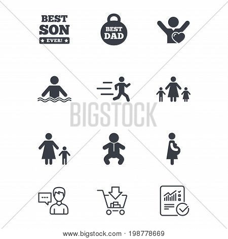 People, family icons. Swimming, baby and pregnant woman signs. Best dad, runner and fan symbols. Customer service, Shopping cart and Report line signs. Online shopping and Statistics. Vector