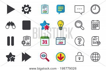 Player navigation icons. Play, stop and pause signs. Next song symbol. Chat, Report and Calendar signs. Stars, Statistics and Download icons. Question, Clock and Globe. Vector