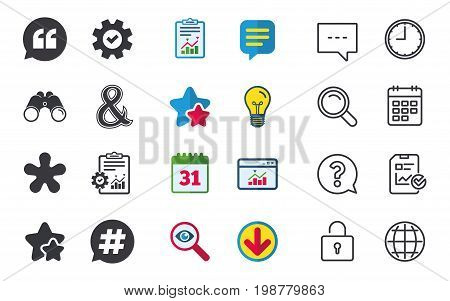 Quote, asterisk footnote icons. Hashtag social media and ampersand symbols. Programming logical operator AND sign. Speech bubble. Chat, Report and Calendar signs. Stars, Statistics and Download icons