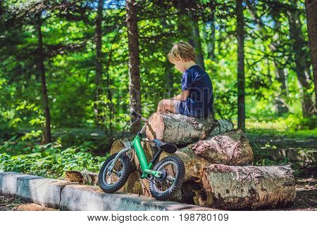 Little Boy And His Bicycle. Preschool Child's First Day On The Bike. The Joy Of Movement