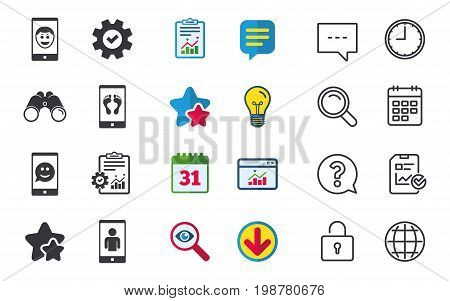 Selfie smile face icon. Smartphone video call symbol. Self feet or legs photo. Chat, Report and Calendar signs. Stars, Statistics and Download icons. Question, Clock and Globe. Vector