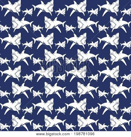 Dangerous sharks seamless pattern. White print on dark background