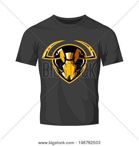 Furious hornet head athletic club vector logo concept isolated on black t-shirt mockup. 
Modern sport team mascot badge design. Premium quality wild insect emblem t-shirt tee print illustration.