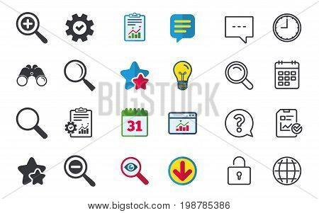 Magnifier glass icons. Plus and minus zoom tool symbols. Search information signs. Chat, Report and Calendar signs. Stars, Statistics and Download icons. Question, Clock and Globe. Vector