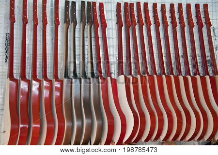 Stringed Kyrgyz national musical instruments KOMUZ on the counter market in Bishkek Kyrgyzstan