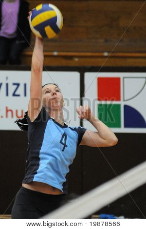 KAPOSVAR, Ungarn - 10 januar: Zsuzsanna Czmerk slår bolden på den ungarske NB I. League woma