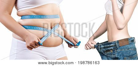 Collage of female body before and after weight loss over white background