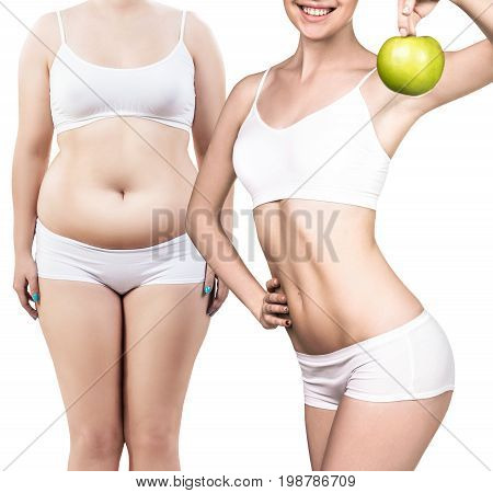 Collage of female body before and after weight loss over white background