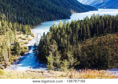 Beautiful view of mountains and lake. Kucherla lake. Altay.