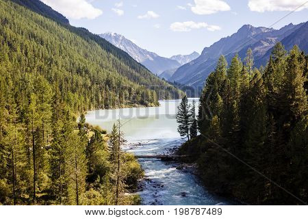 Beautiful view of mountains and lake. Kucherla lake. Altay.