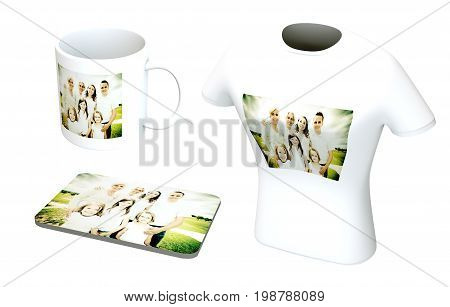 a white coffee cup, mousepad and t-shirt with a family photo printed on them. concept for photo printing services.