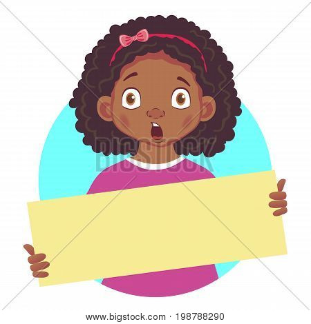Surprised African or Afro-American girl holding blank poster. Blank message vector illustration. Hands holding blank paper