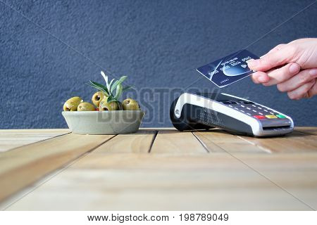 Contactless Payment Card Pdq Background Copy Space With Hand Holding Credit Card To Pay
