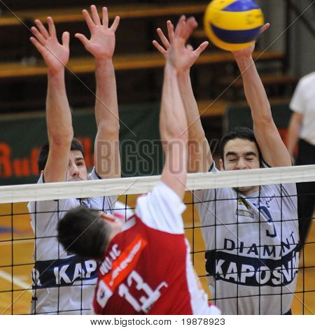 KAPOSVAR ฮังการี - 22 มกราคม: Skoric (L) และ Nagy (R) บล็อกลูกในลีกที่ยุโรปกลาง 